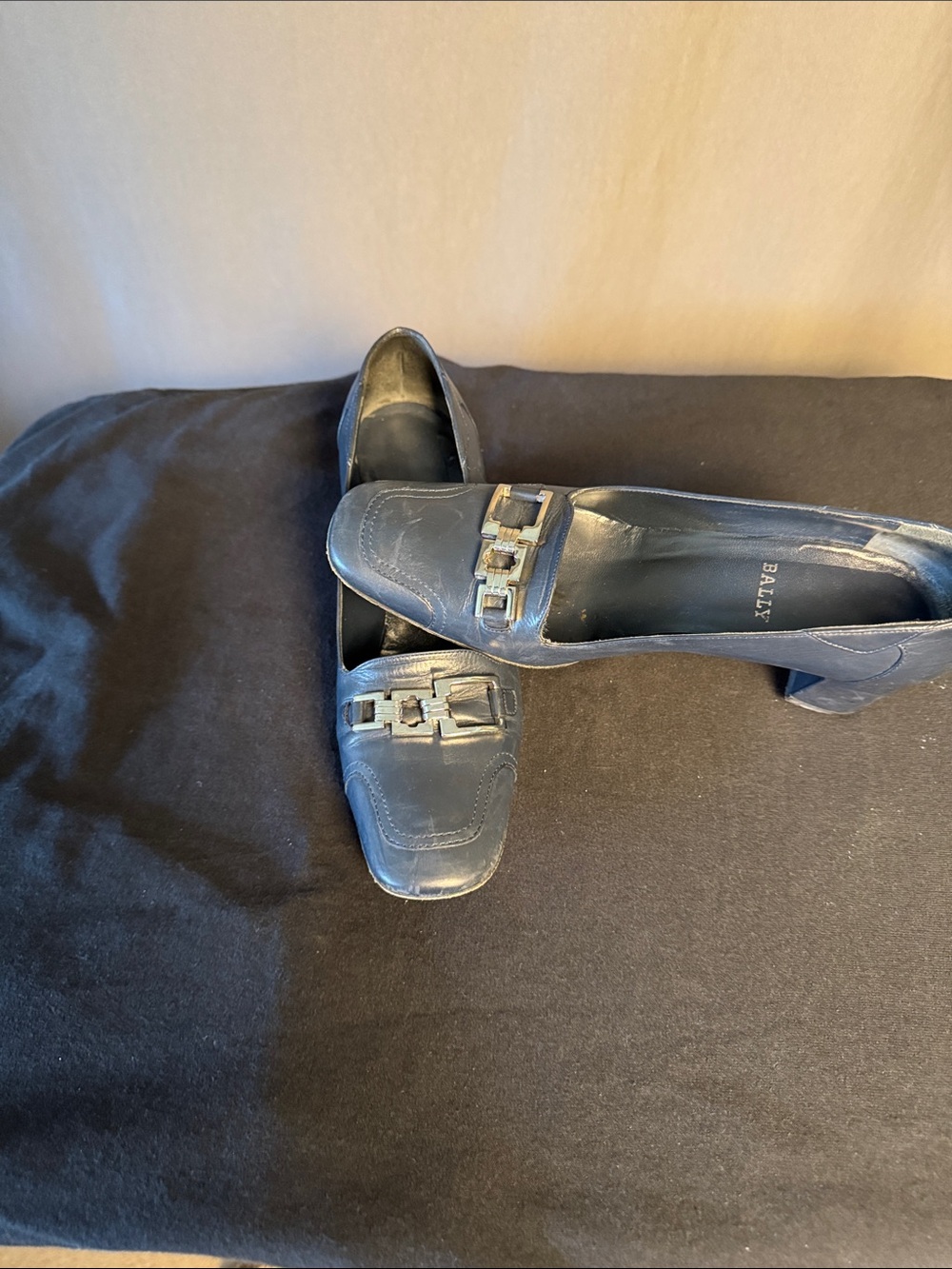 Bally Navy Leather Loafers with Metal Bit Detail
